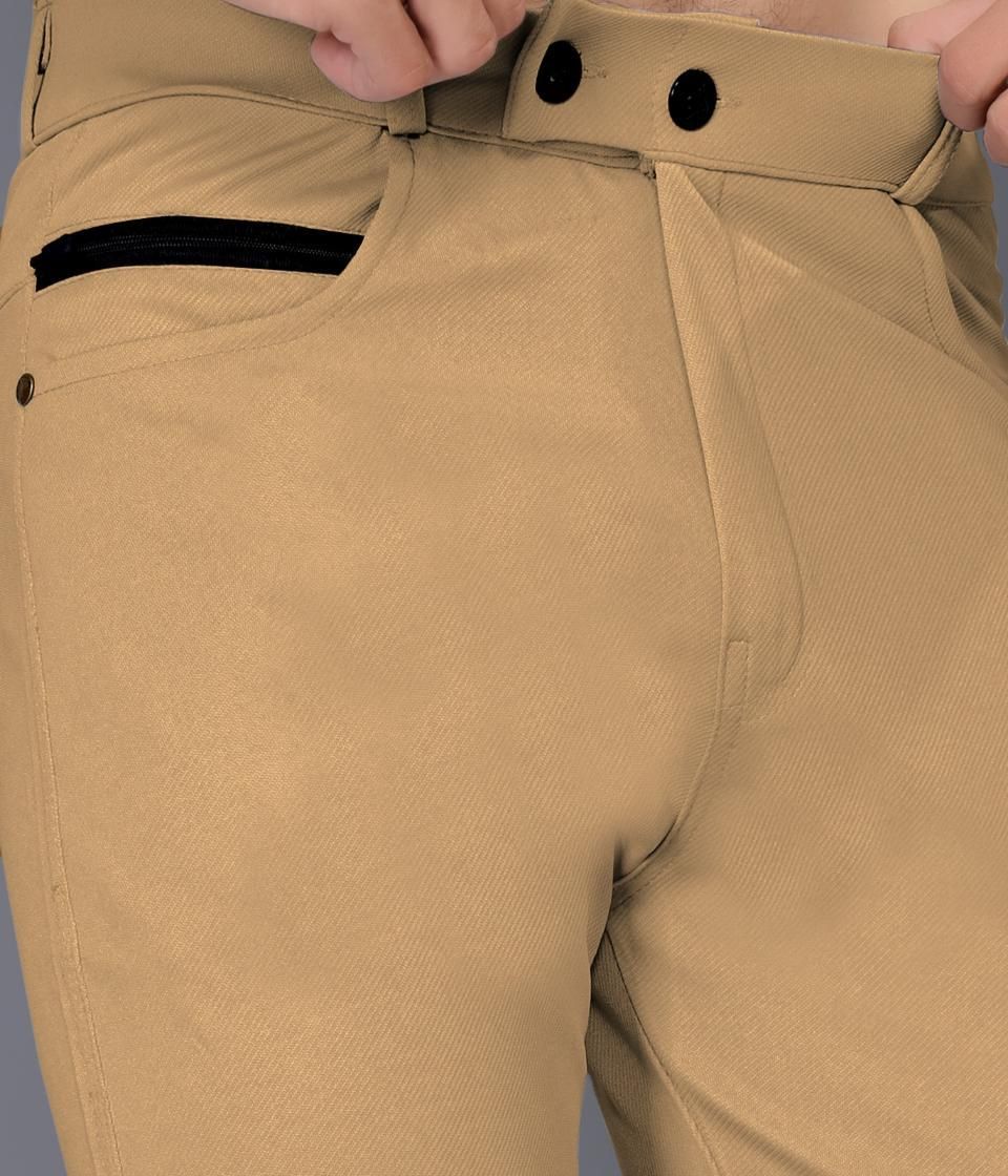 Men's Solid Beige Cotton Blend Trousers