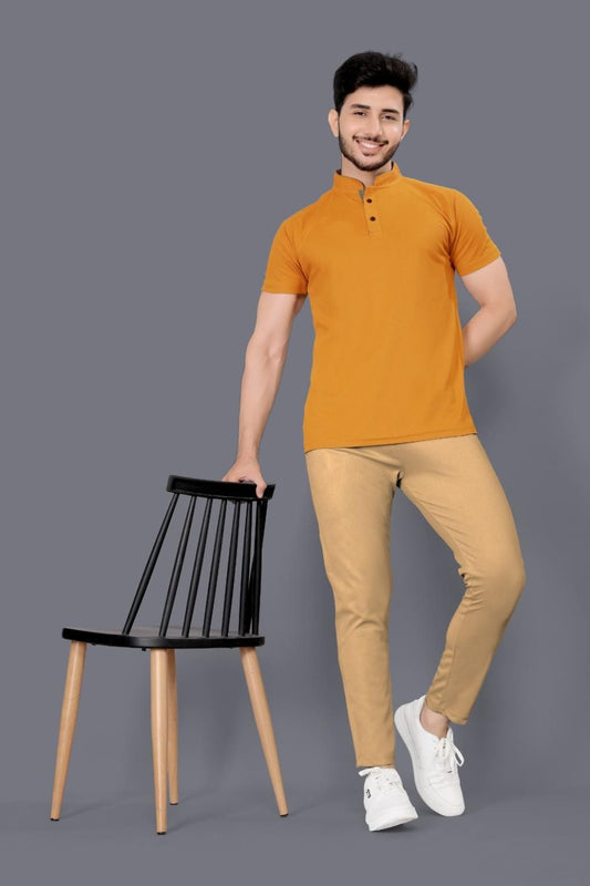 Men's Solid Beige Cotton Blend Trousers