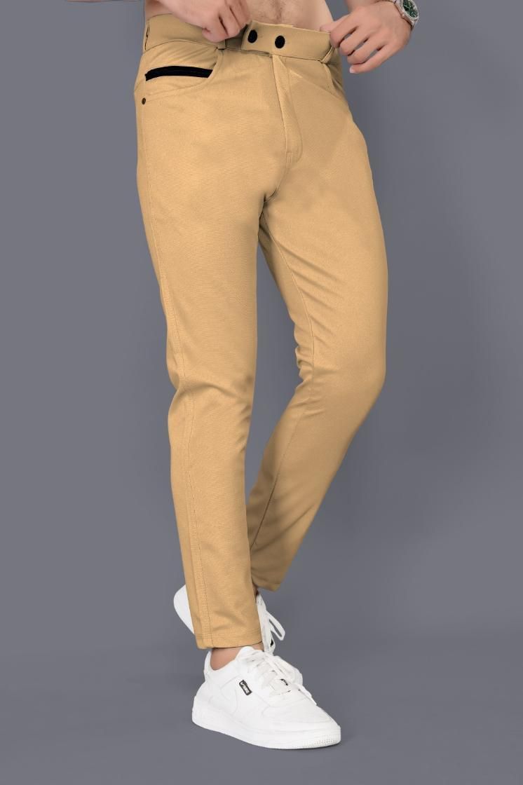 Men's Solid Beige Cotton Blend Trousers