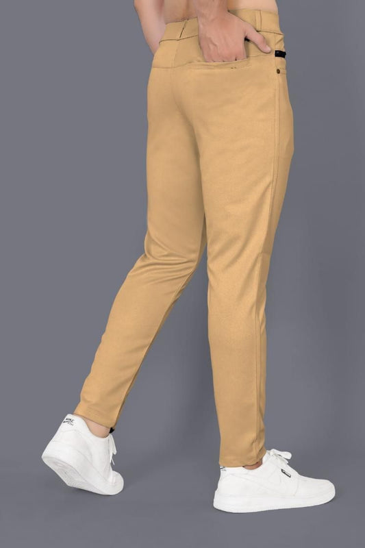 Men's Solid Beige Cotton Blend Trousers